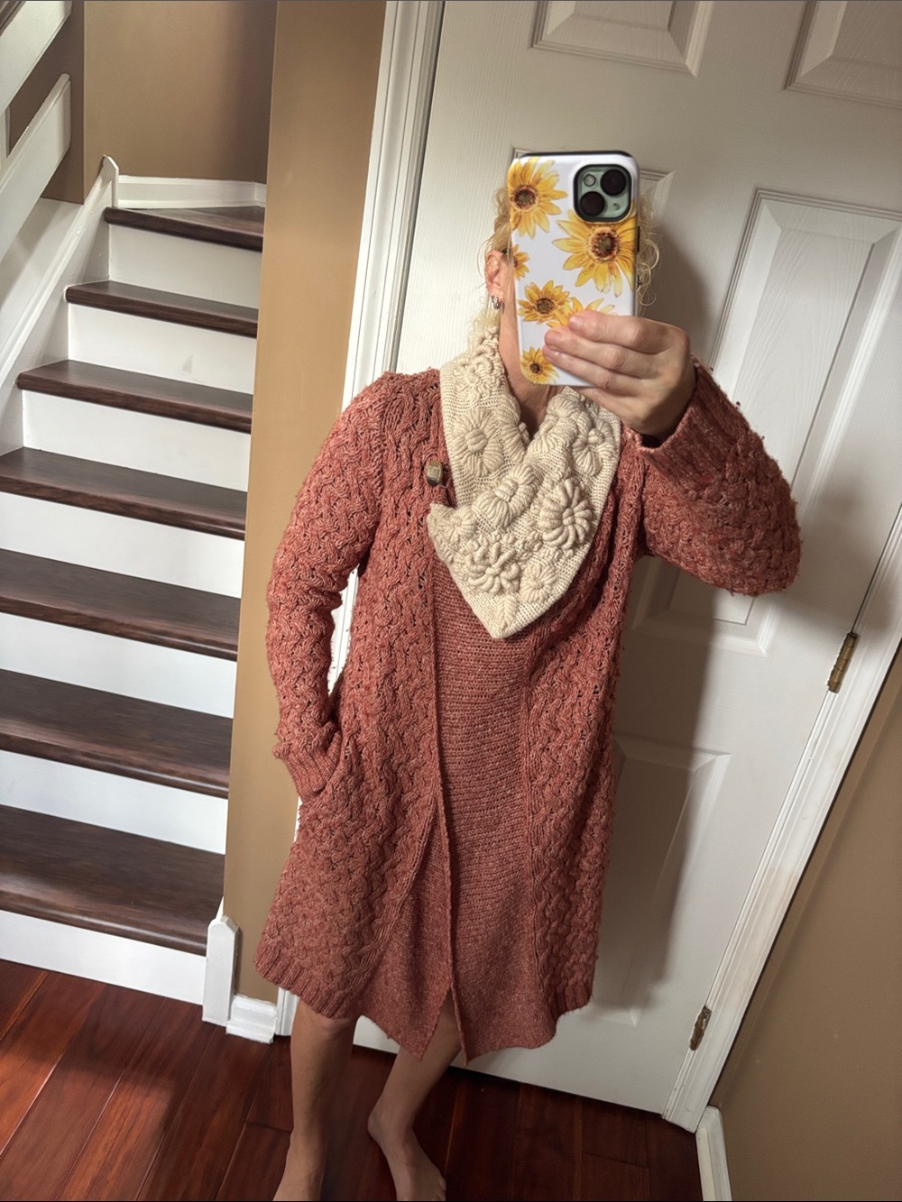 Cozy Textured Open Cardigan with Cream Knit Collar - Rust